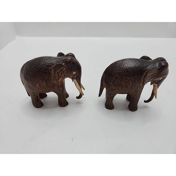 Hand Carved Wood Elephant Set Of 2 Vintage Safari Collectible Figurines 3" - Picture 2 of 8